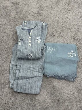 Striped Embroidered Kurta Set in Dusty Blue
